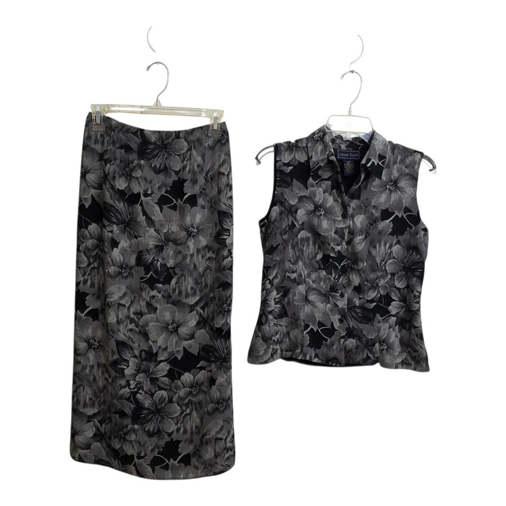 Laura Scott Petite 2 Pc Floral Sleeveless Top + Skirt Set Career Office Gray 6P - Picture 3 of 11